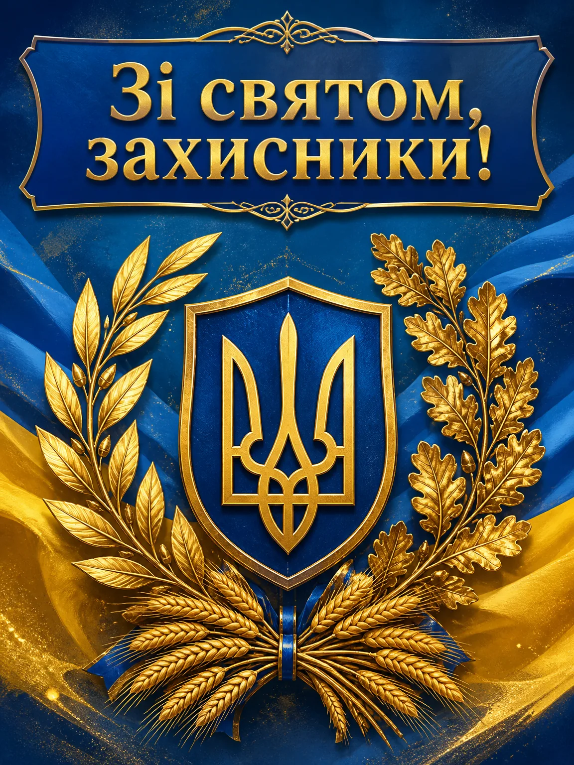 Офіційна листівка із шевроном з тризубом, дубовим листям та написом Зі святом, захисники!