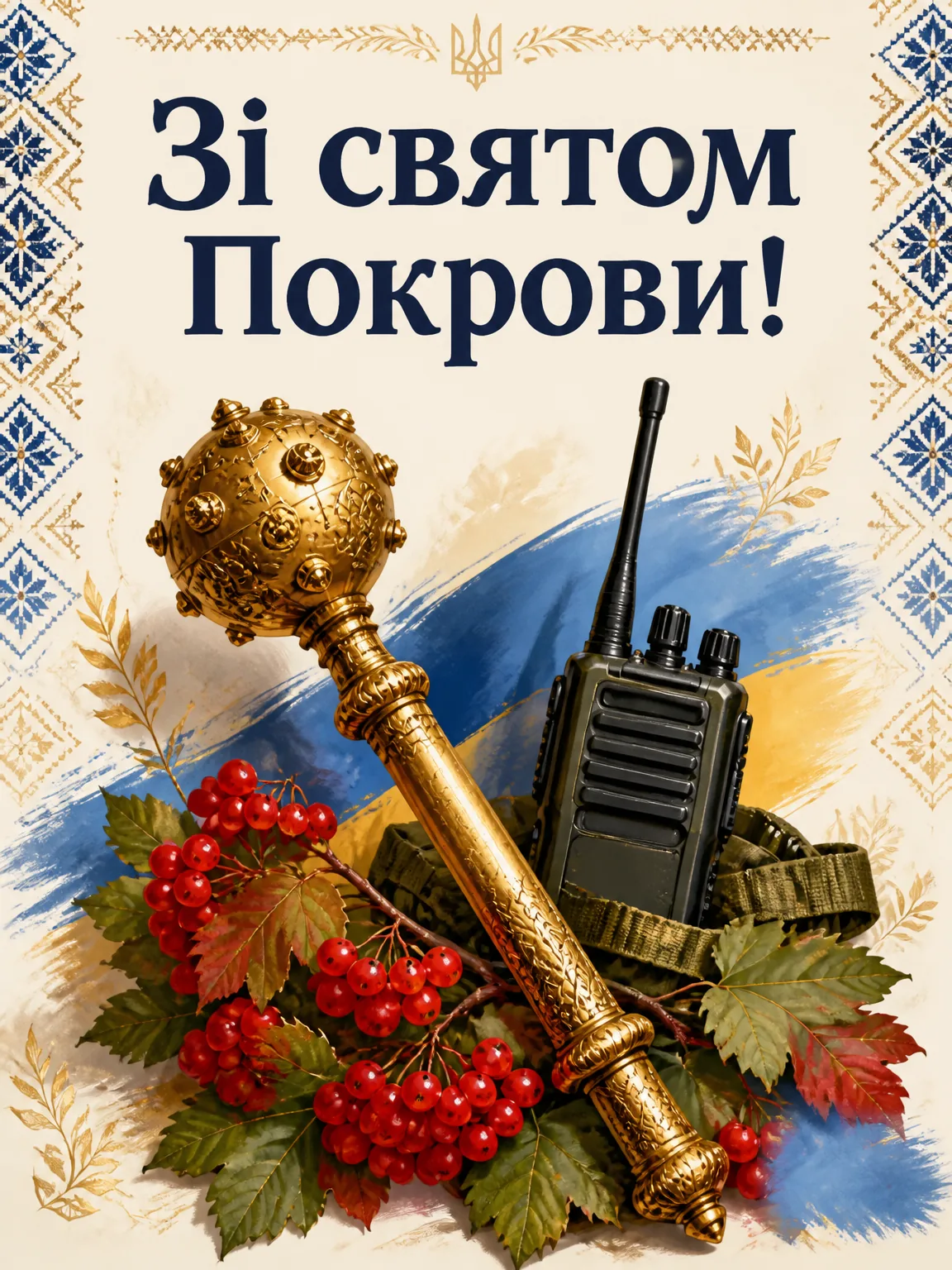 Листівка з булавою, рацією, калиною та написом Зі святом Покрови!