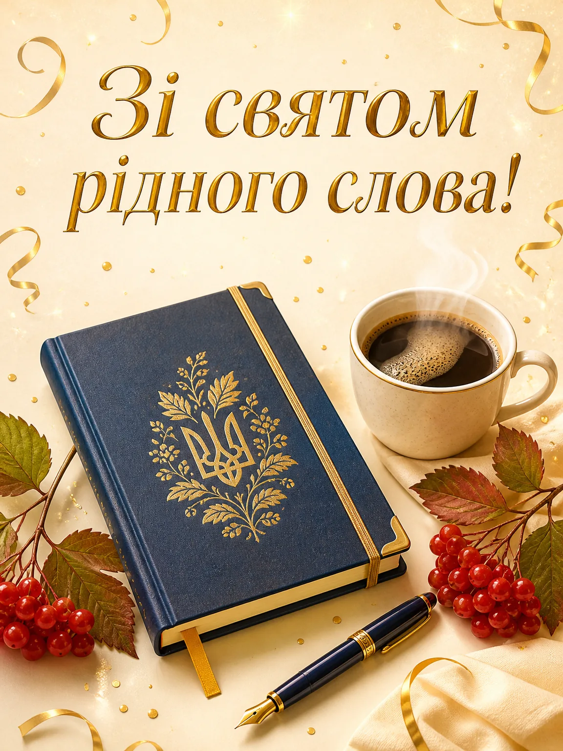 Листівка з блокнотом, ручкою, кавою та написом Зі святом рідного слова