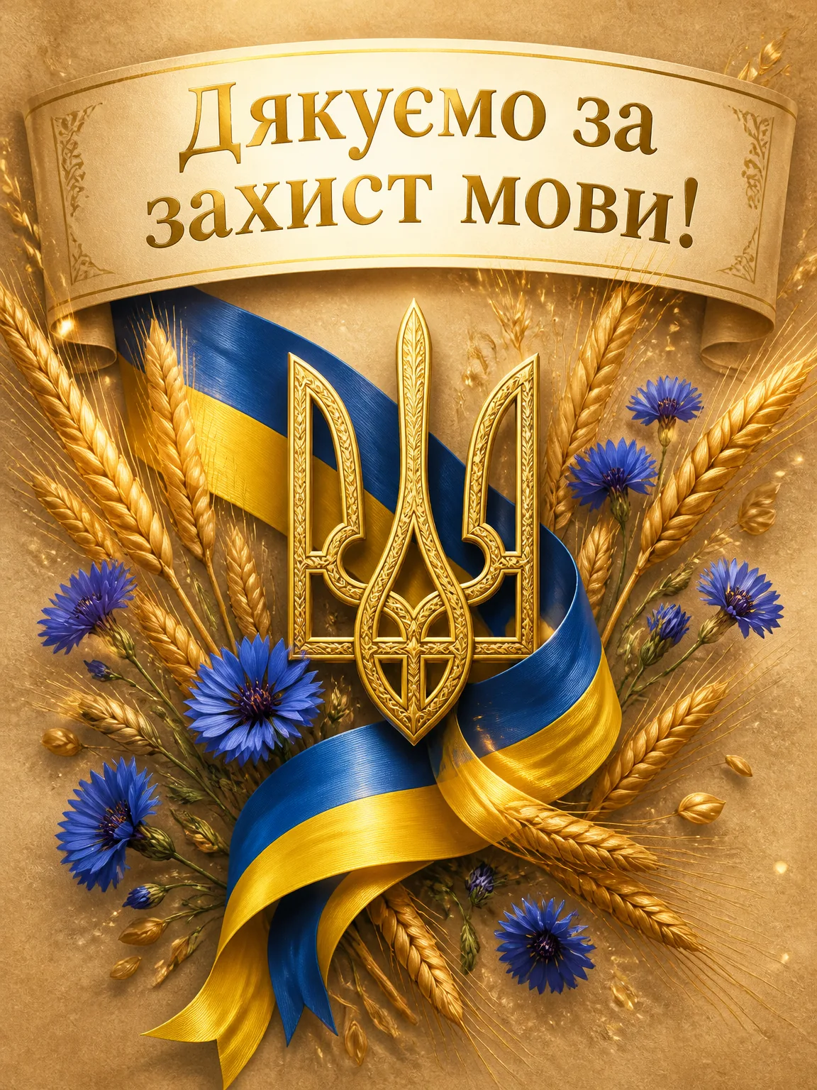 Патріотична листівка з тризубом, синьо-жовтою стрічкою, колоссям і написом подяки