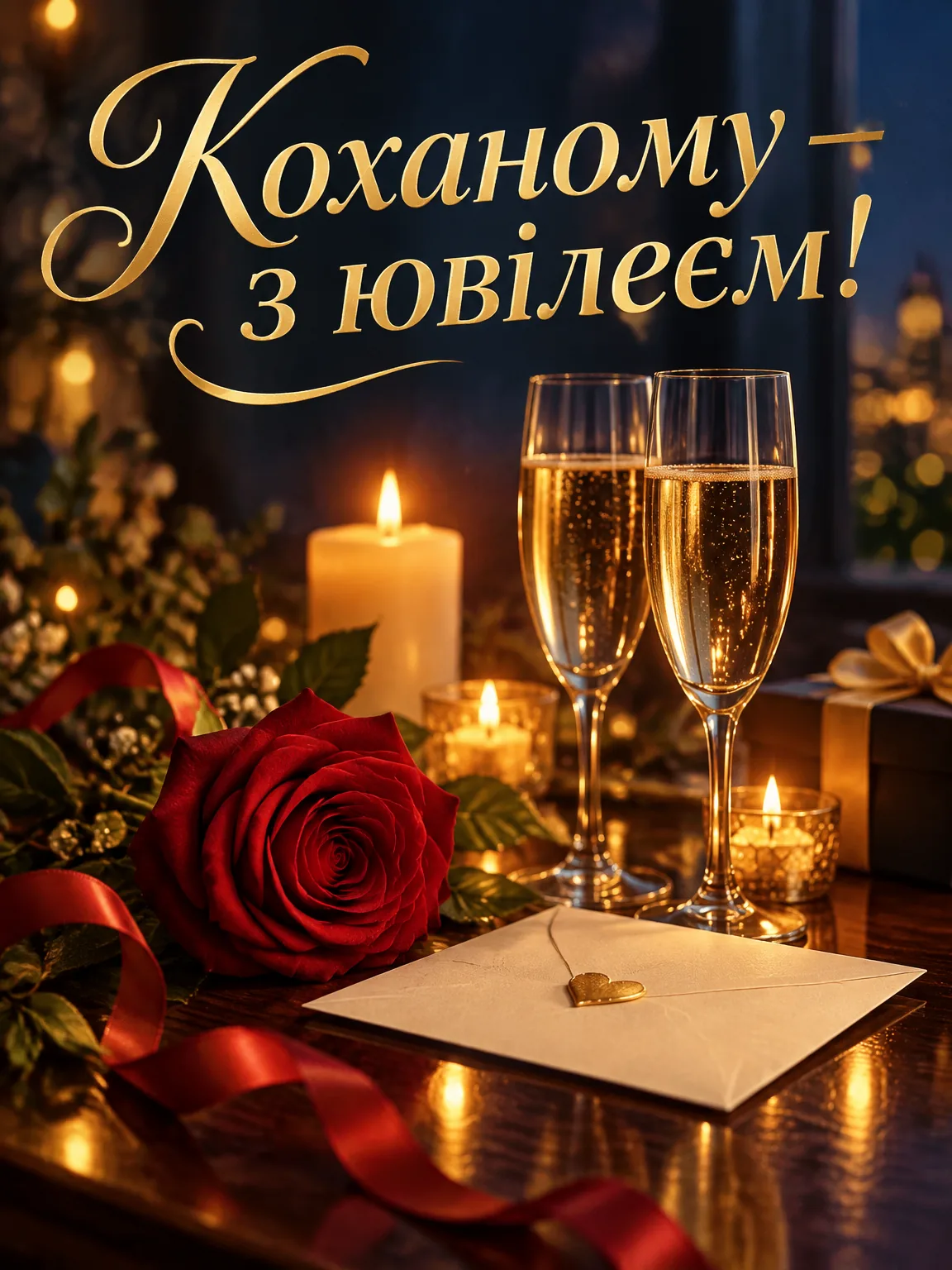 Келихи, троянда й листівка при свічках