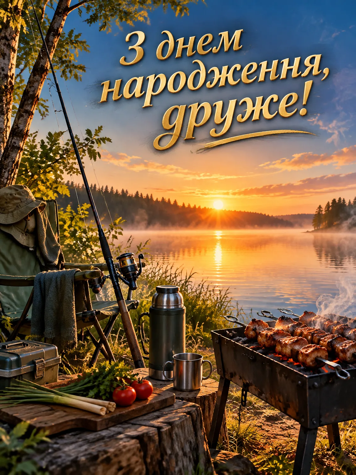Вудка, мангал і термос на березі озера