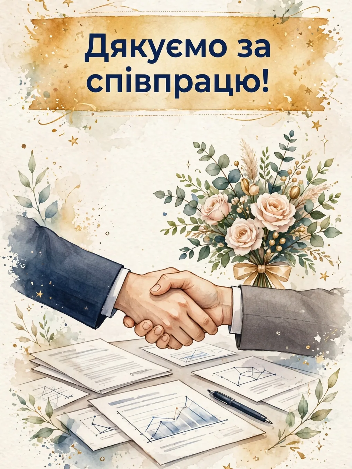 Потиск рук над столом і букет