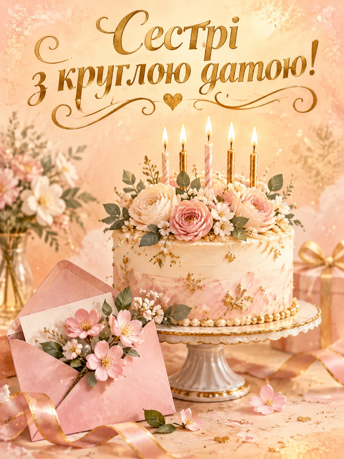 Святковий торт із квітами й напис «Сестрі з круглою датою!»
