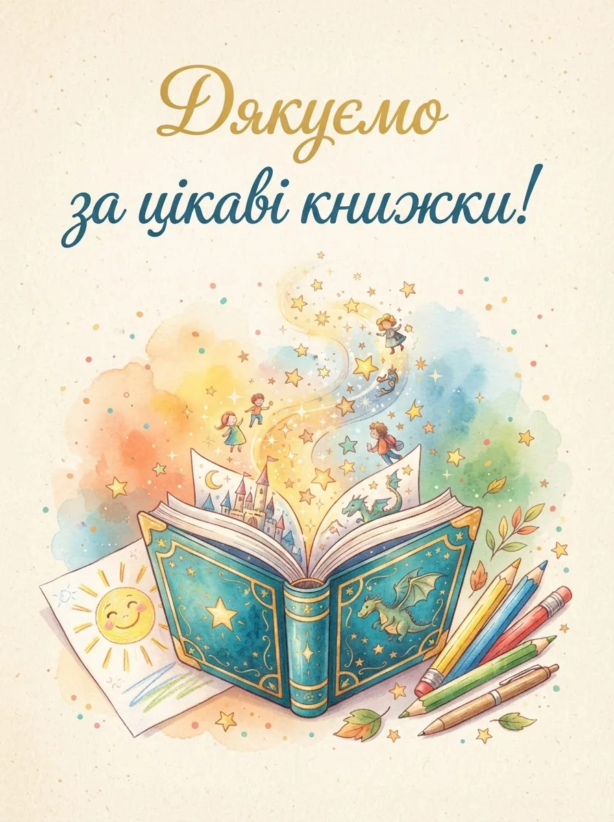 Дитяча вітальна листівка з відкритою казковою книгою, олівцями та словами подяки