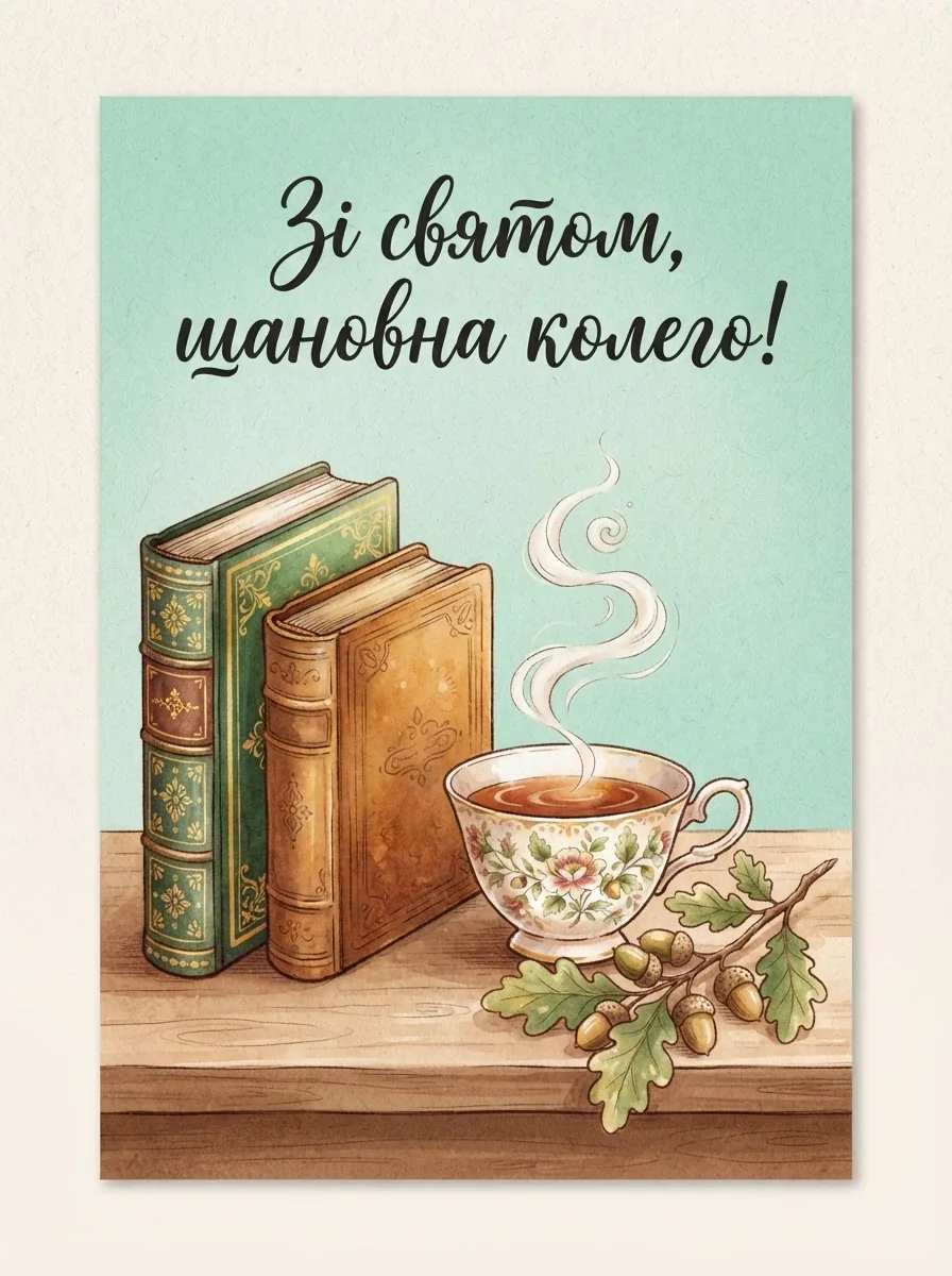 Вітальна листівка для колеги-бібліотекаря з книгами та чашкою чаю