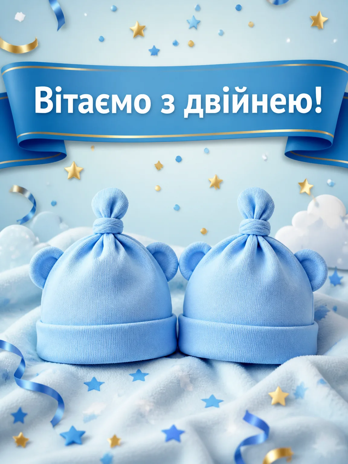 Дві блакитні дитячі шапочки на ковдрі
