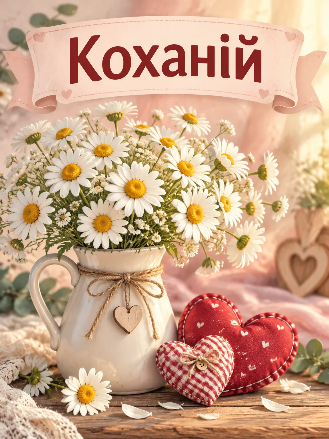 Ромашки в глечику й сердечка з тканини