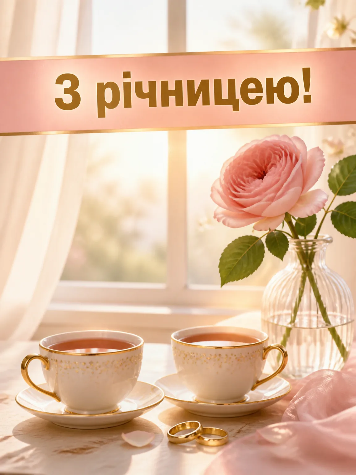 Дві чашки чаю й троянда на ранковому столі