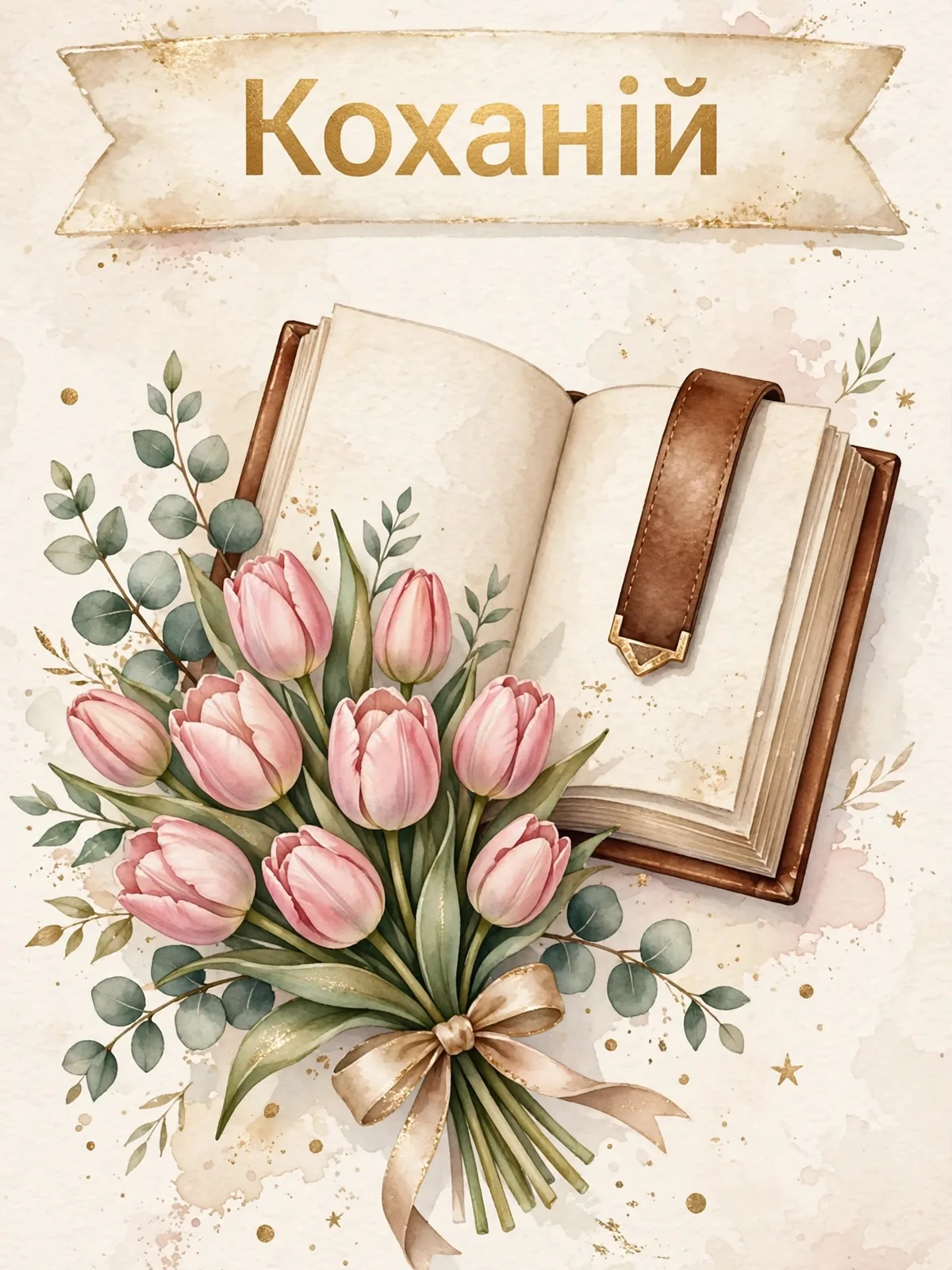 Букет тюльпанів і шкіряна закладка в книжці