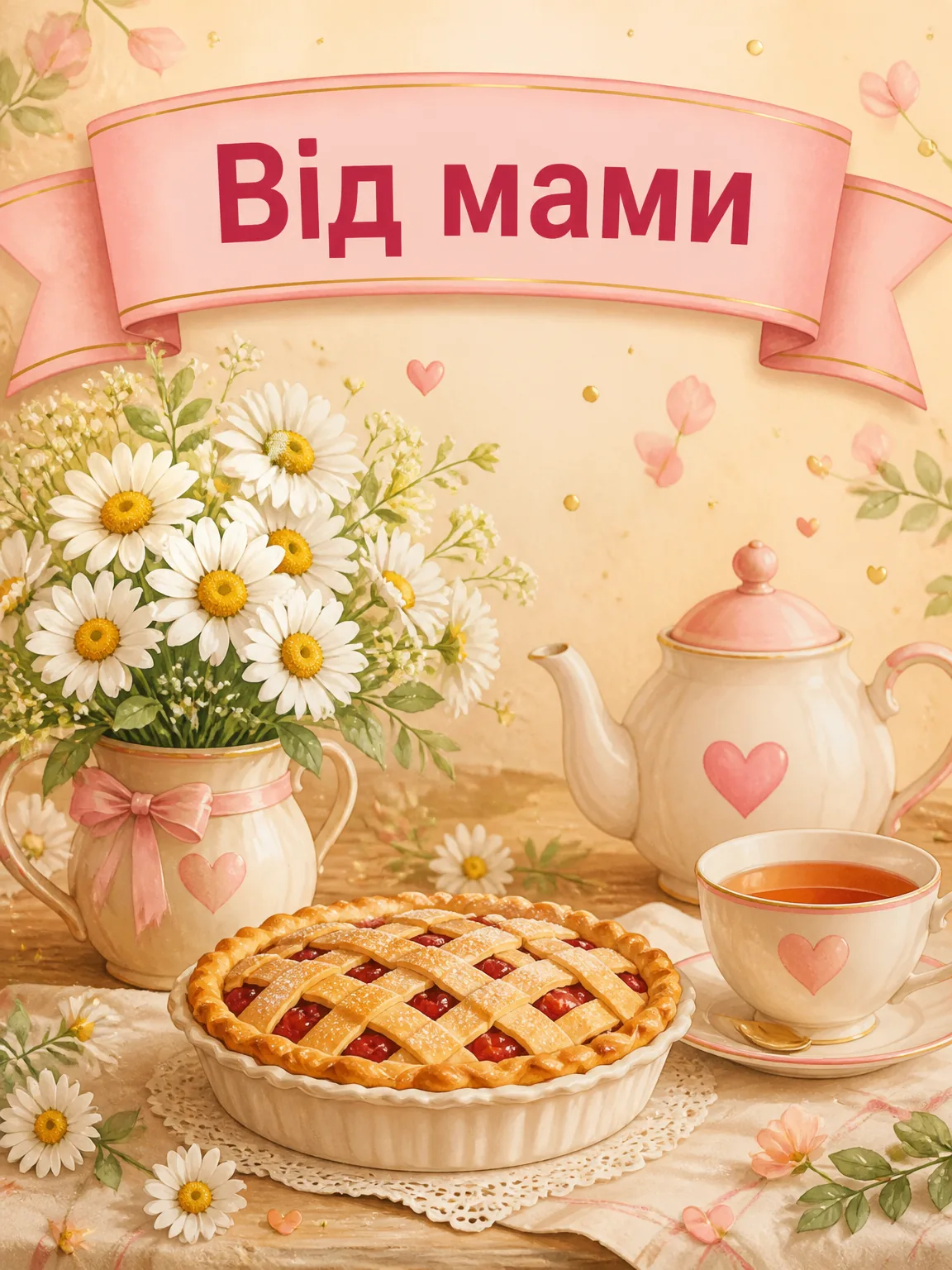 Чашка чаю, пиріг і ромашки на столі