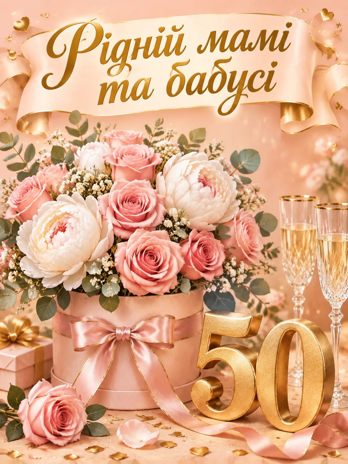 Вітальна листівка з пишним букетом троянд, цифрою 50 та написом від дітей і онуків