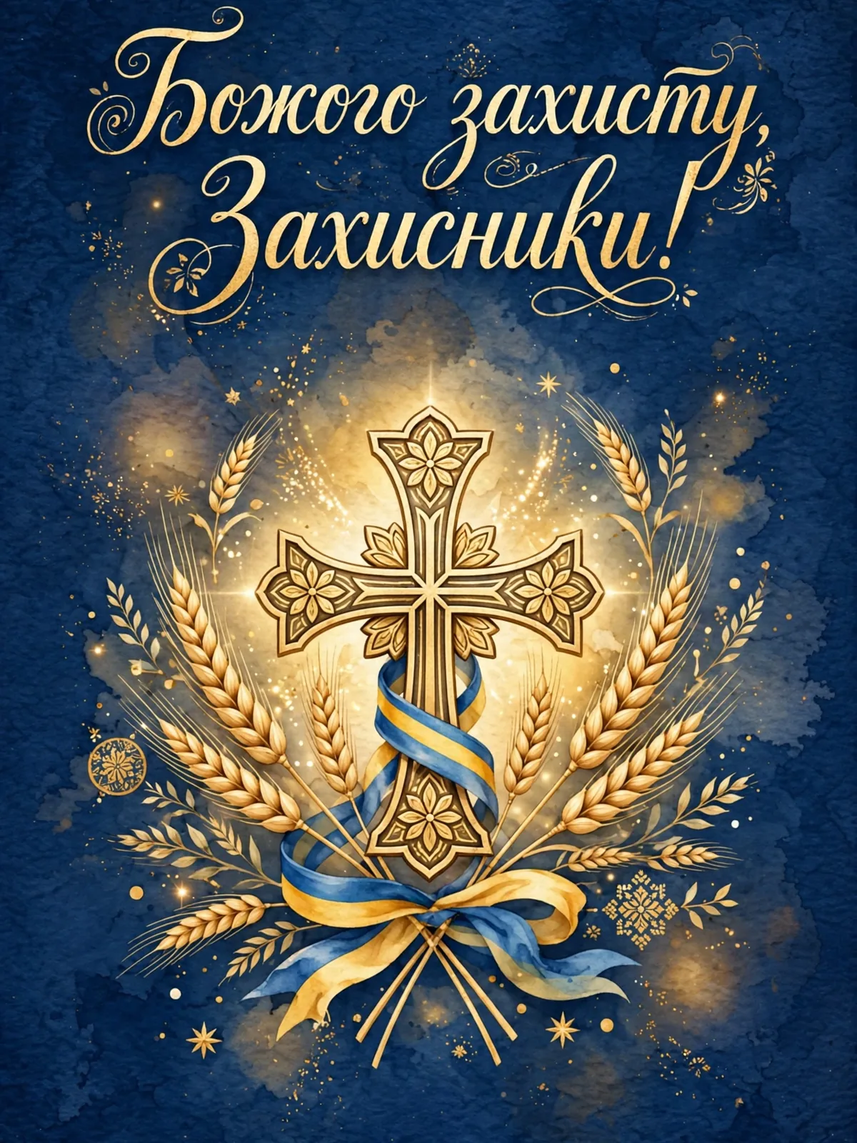 Патріотична вітальна листівка з козацьким хрестом, колоссям і синьо-жовтою стрічкою