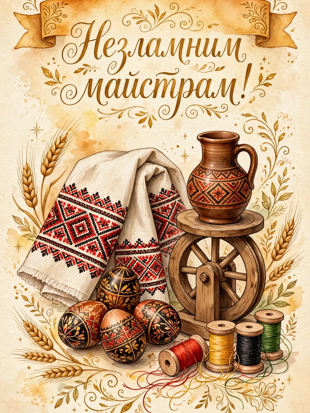 Листівка для народних майстрів і аматорів з вишитим рушником, керамікою та колоссям