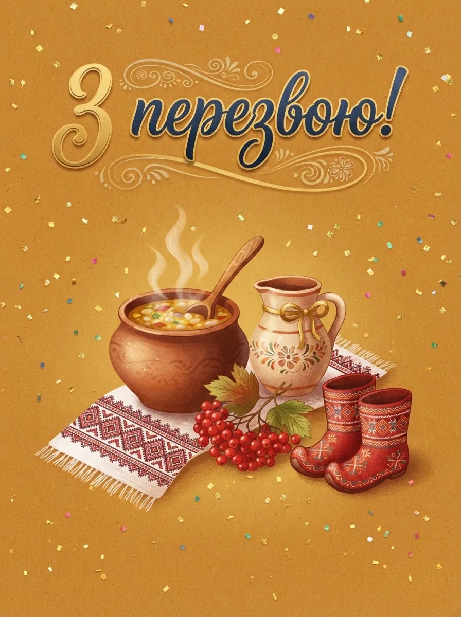 Глиняний горщик із кулішем, калина, червоні чобітки та вітальний напис на листівці до другого дня весілля