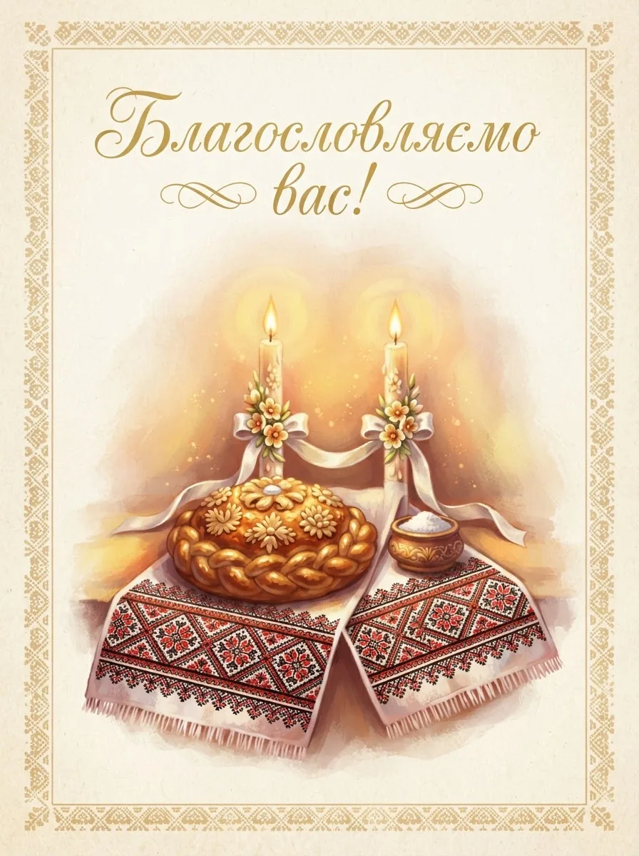 Пара вінчальних свічок, весільний хліб на вишитому рушнику та напис батьківського благословення